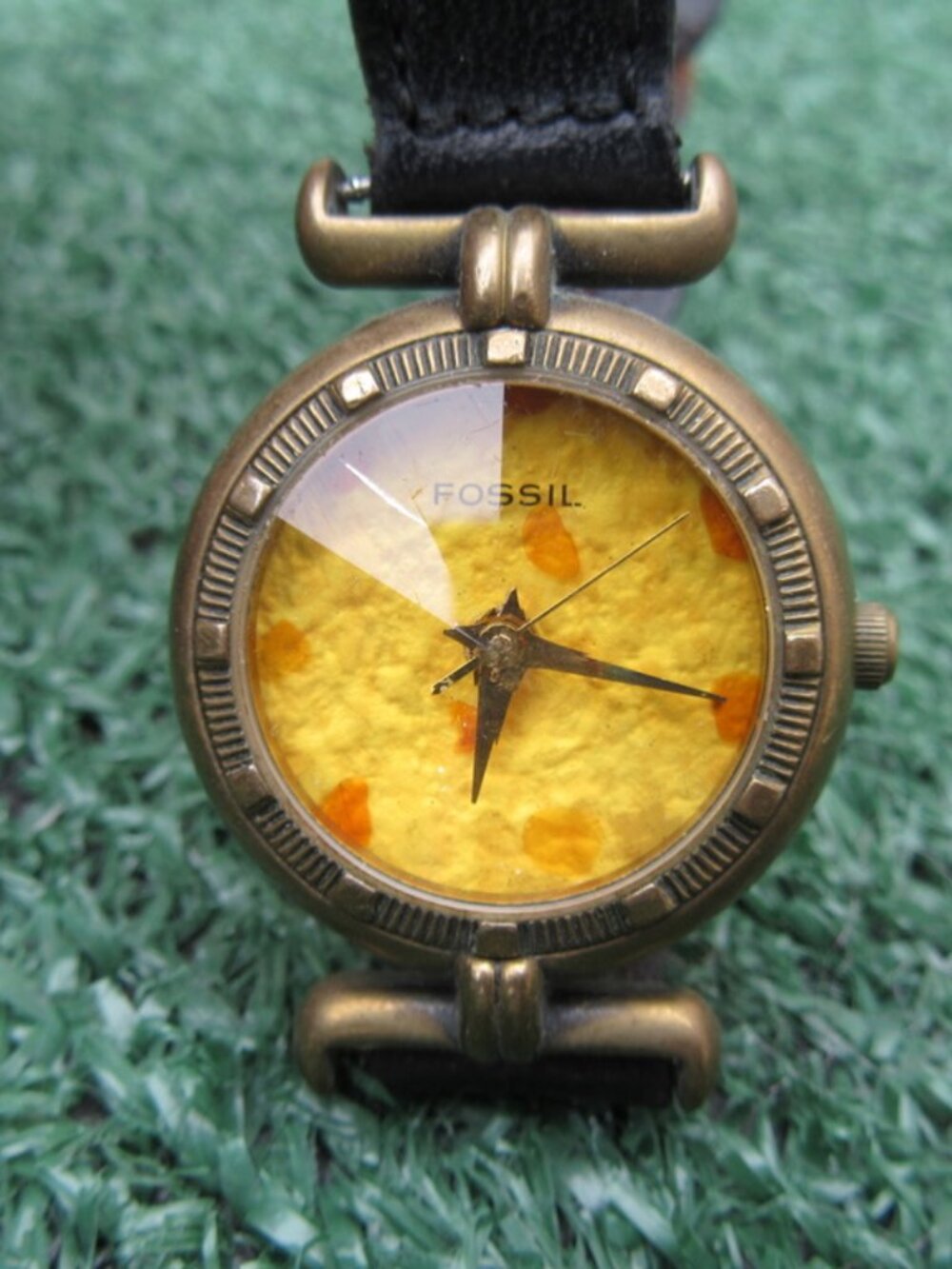 Vintage Fossil Women's Wrist Watch Orange Spotted Braided Leather Band PC-9298